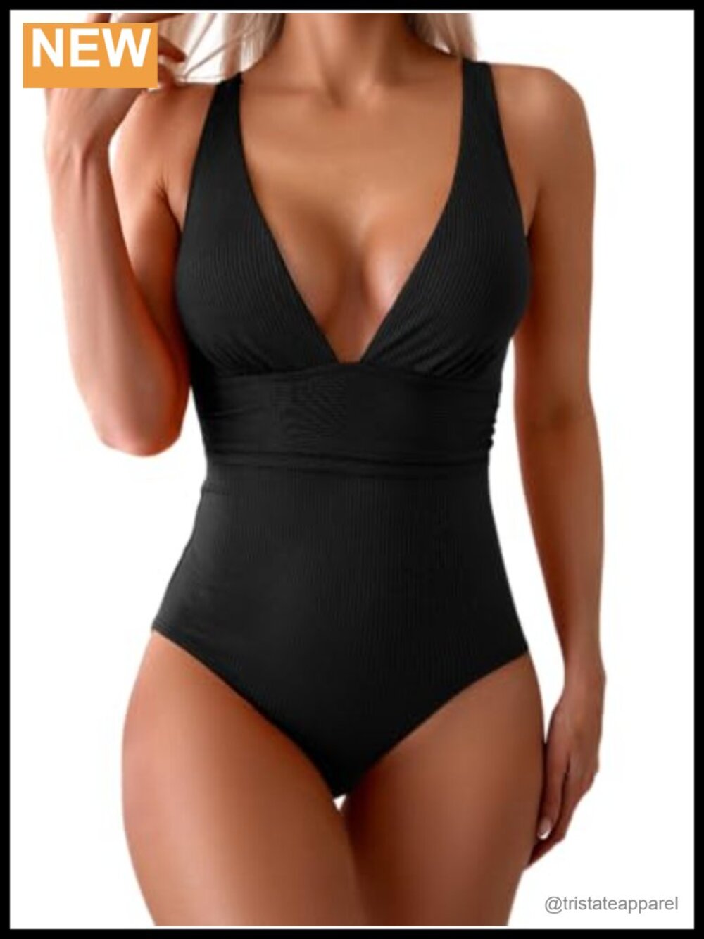 One Piece Swimsuit Tummy Control V Neck Ribbed Bathing Suit